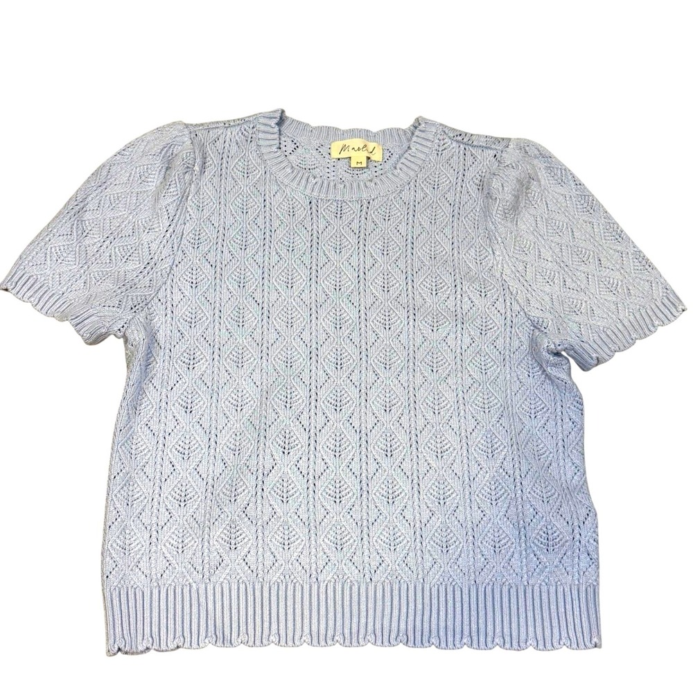 Marled Baby Blue Pointelle Knit Puff Sleeve SS Sweater Top M Preppy Coastal SOFT